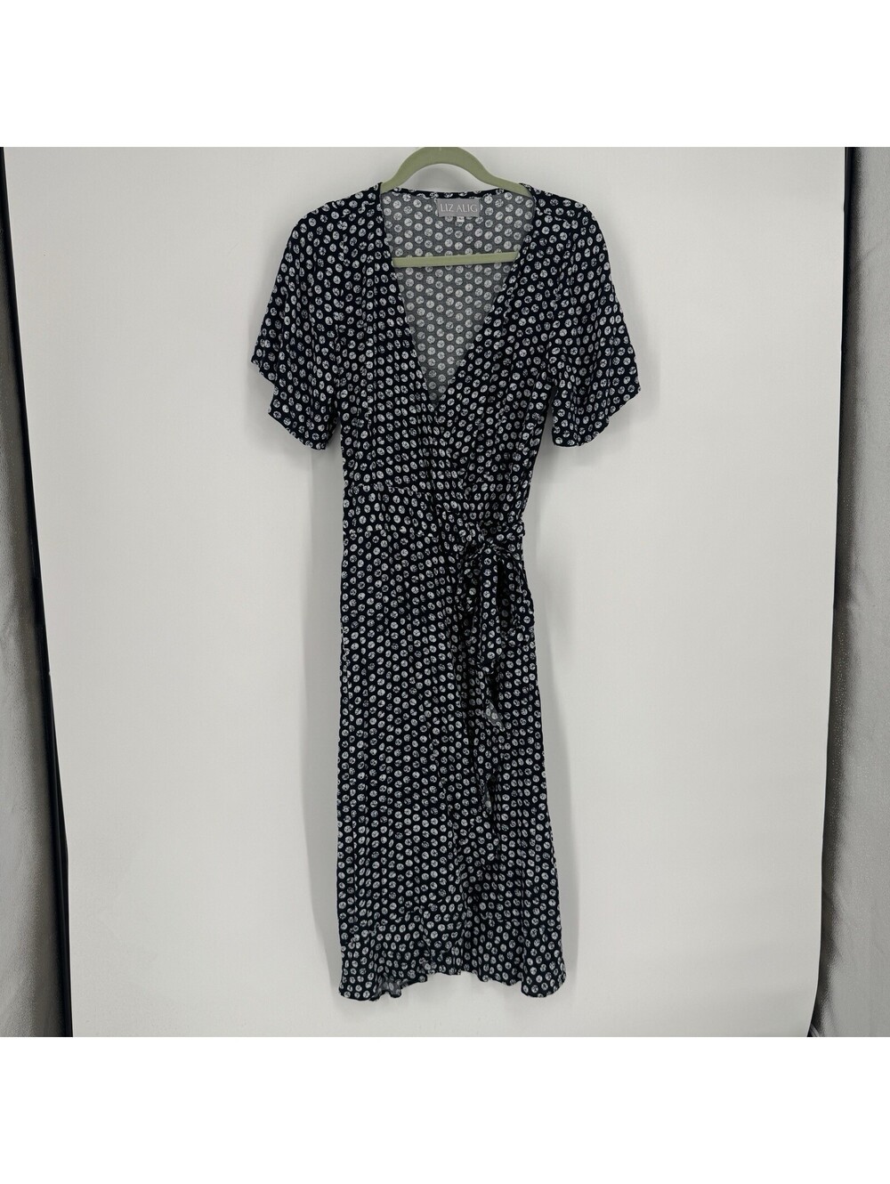 Liz Alig dress large L ethical fashion fair trade navy blue polka dot wrap midi